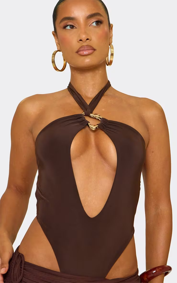 Ego - Keyhole Cut Out Trim Detail High Leg Swimsuit In Brown