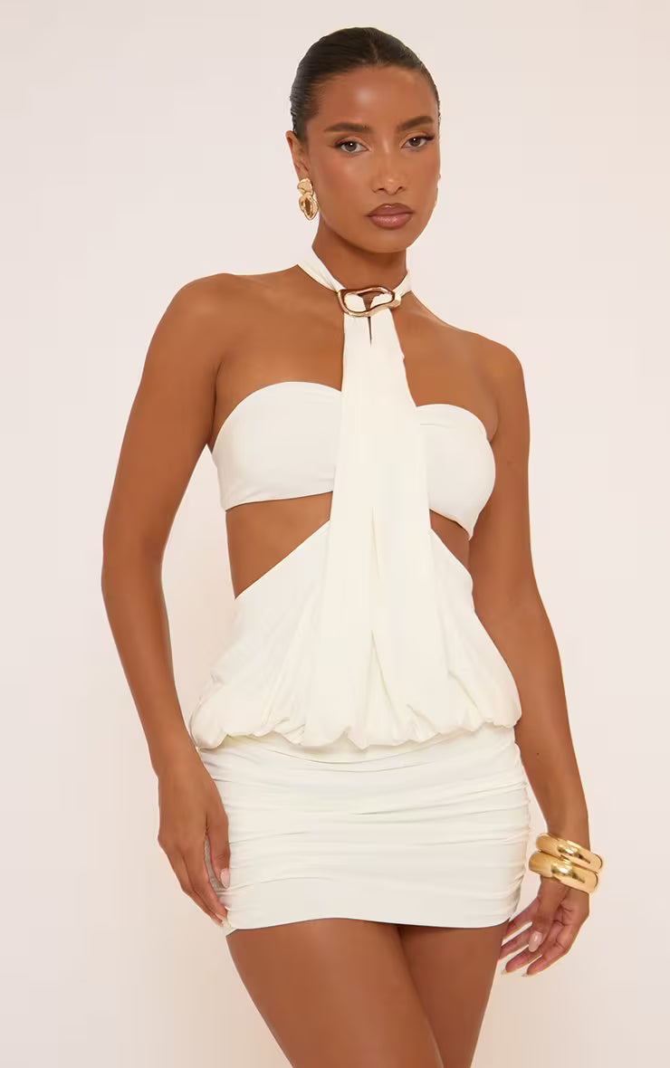 Ego - Halterneck Bralet Trim Detail Mini Dress In White Slinky