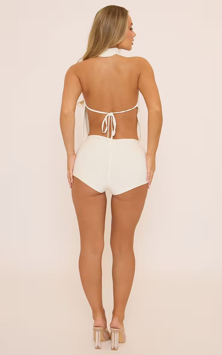 Ego - Cowl Halterneck Tie Back Detail Double Layered Top In White