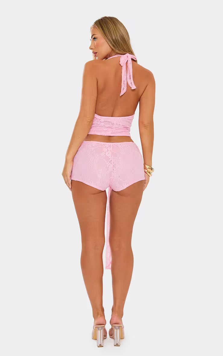 Ego - low waist tie detail hot pant shorts & halterneck top - co ord SET
