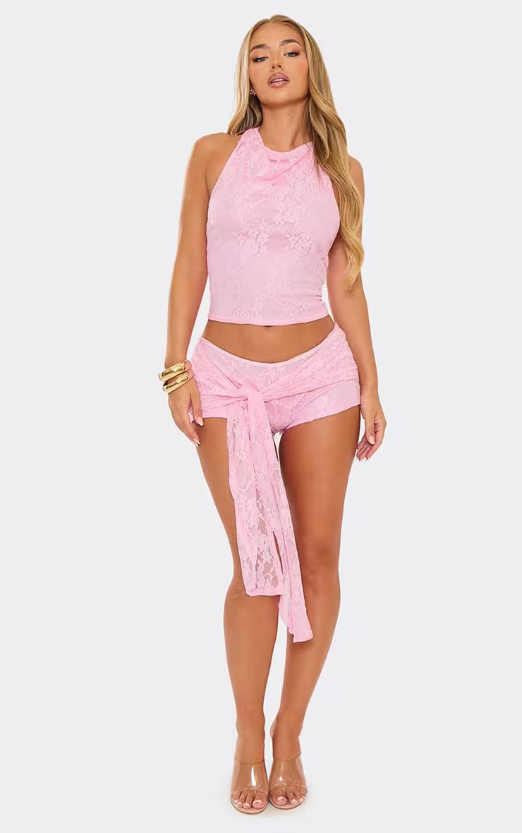 Ego - low waist tie detail hot pant shorts & halterneck top - co ord SET