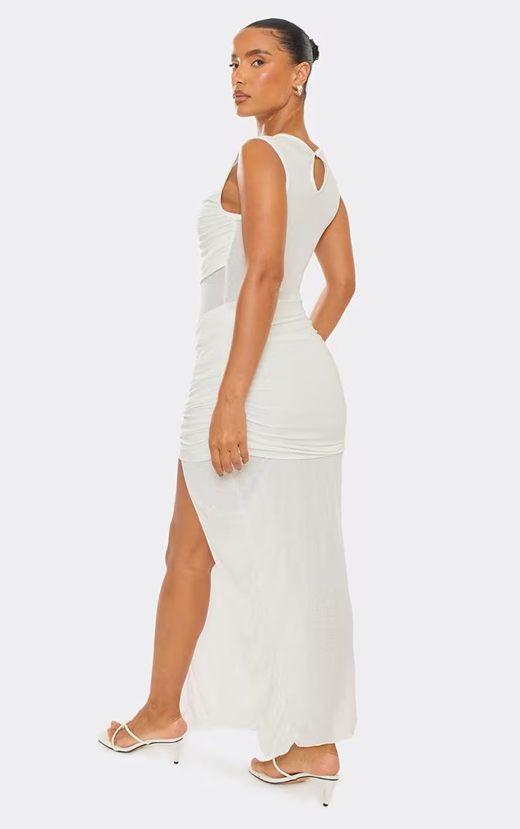 Ego - High Neck Ruched Overlay Detail Side Split Maxi Dress In White