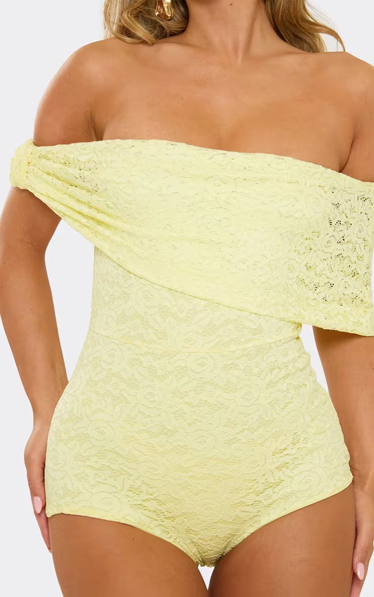 Fold Over Bardot Knot Detail Micro Playsuit In Yellow Lace