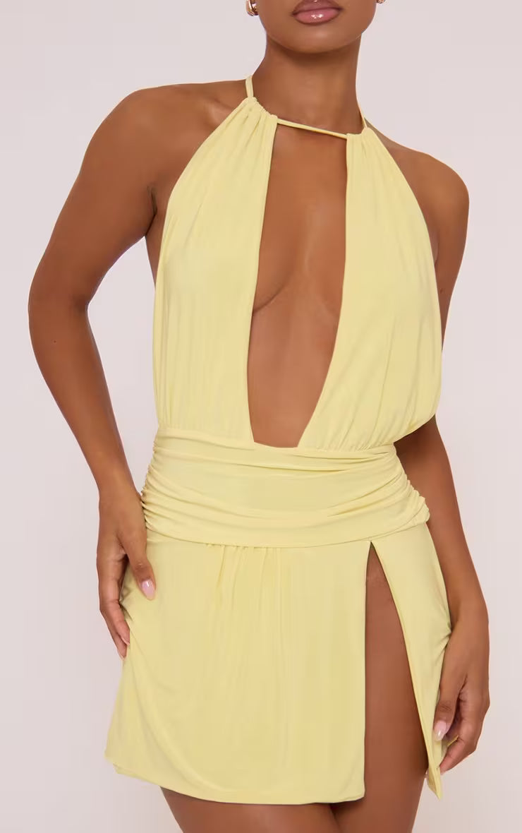Ego - Halterneck Plunge Split Leg Mini Dress In Yellow