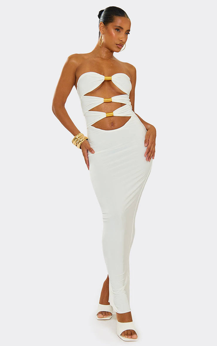 Ego - Bandeau Cut Out Gold Trim Detail Maxi Dress In White