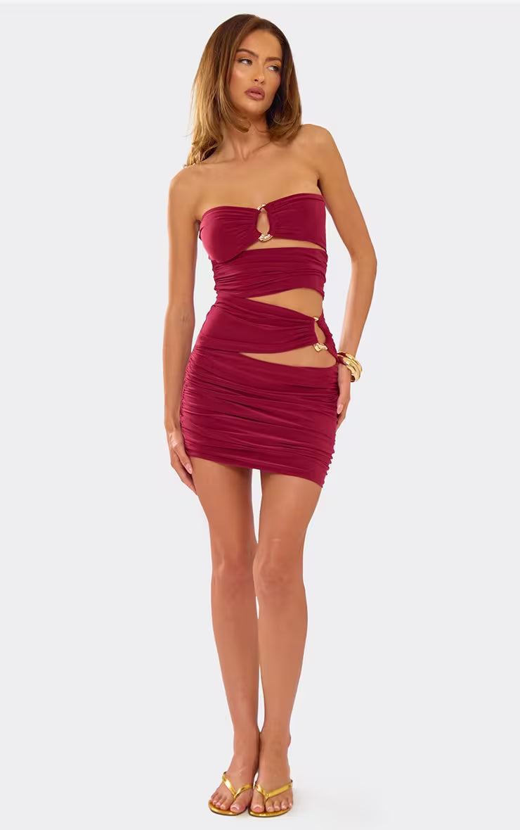 Bandeau Cut Out Ruched Gold Trim Mini Dress In Burgundy