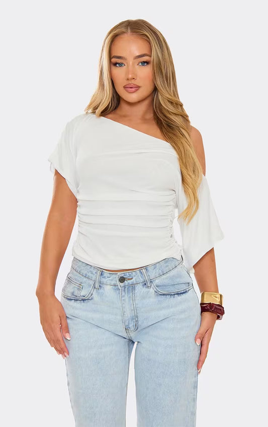 Ego - Slash Neck Ruched Detail Top In White