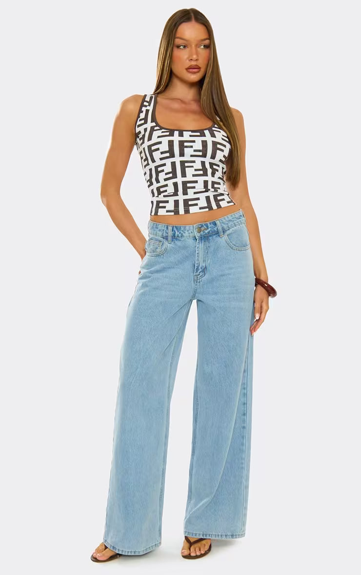 Ego - Scoop Neck Vest Top In Brown Printed Riv