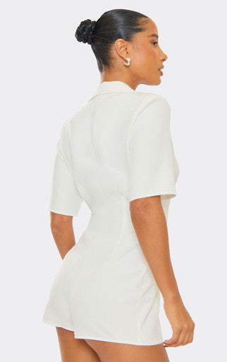 Ego - Plunge Neck Short Sleeve Tailored Playsuit In Cream