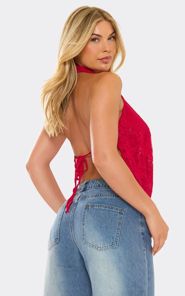 Ego - Extreme Cowl Neck Top In Red Lace