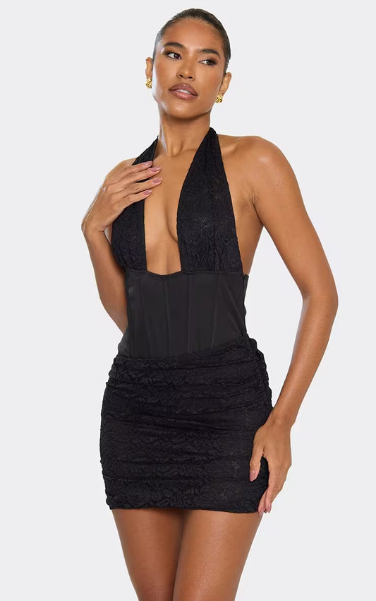 Ego - Plunge Neck Corset Detail Dress