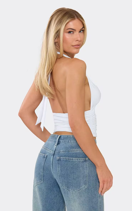 Ego - Plunge Halterneck Ruched Top In White Slinky