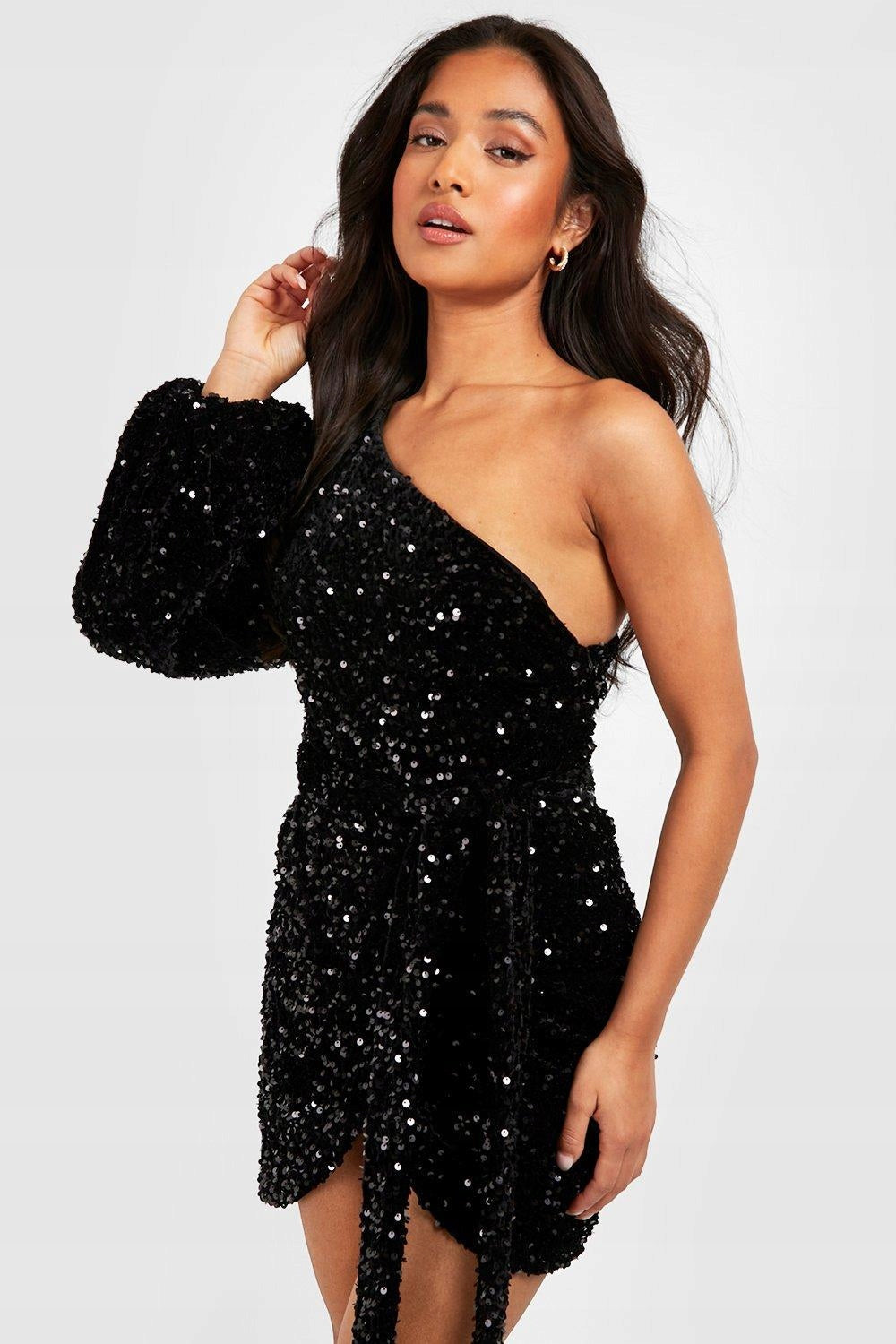 Boohoo - Shop Petite Velvet Sequin Asymmetric Wrap Dress
