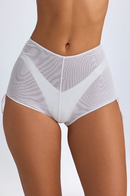 OhPolly - Sheer Ruched Mini Shorts in White