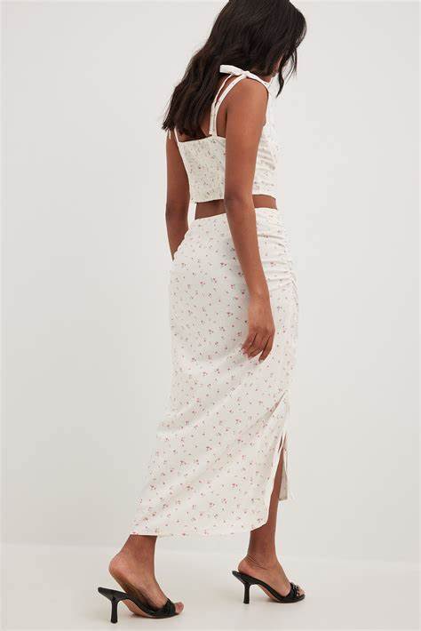 Linen Blend Gathered Detail Midi Skirt Flower