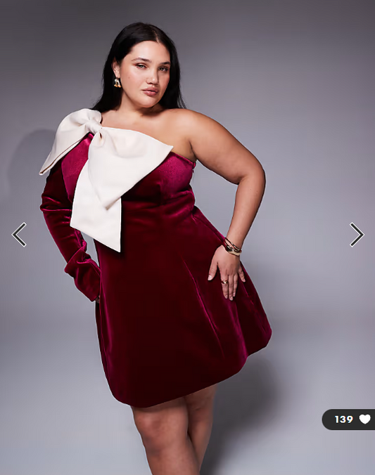 ASOS LUXE Curve one shoulder velvet mini dress with bow detail in burgundy