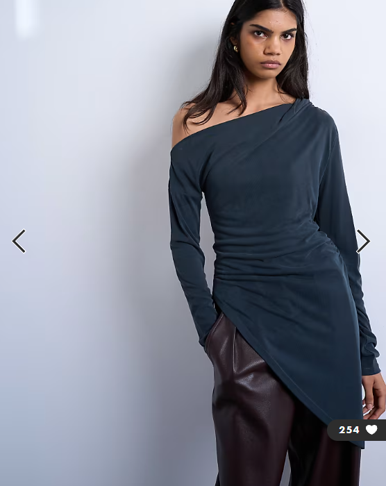 Topshop cupro off shoulder tunic long sleeve top in charcoal grey