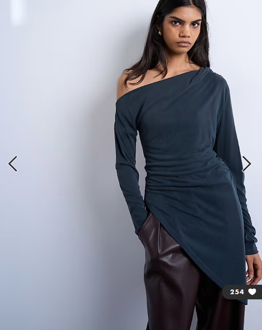 Topshop cupro off shoulder tunic long sleeve top in charcoal grey