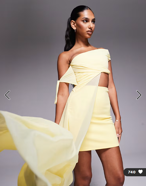 ASOS DESIGN off shoulder cut out mini dress with mesh drape in yellow