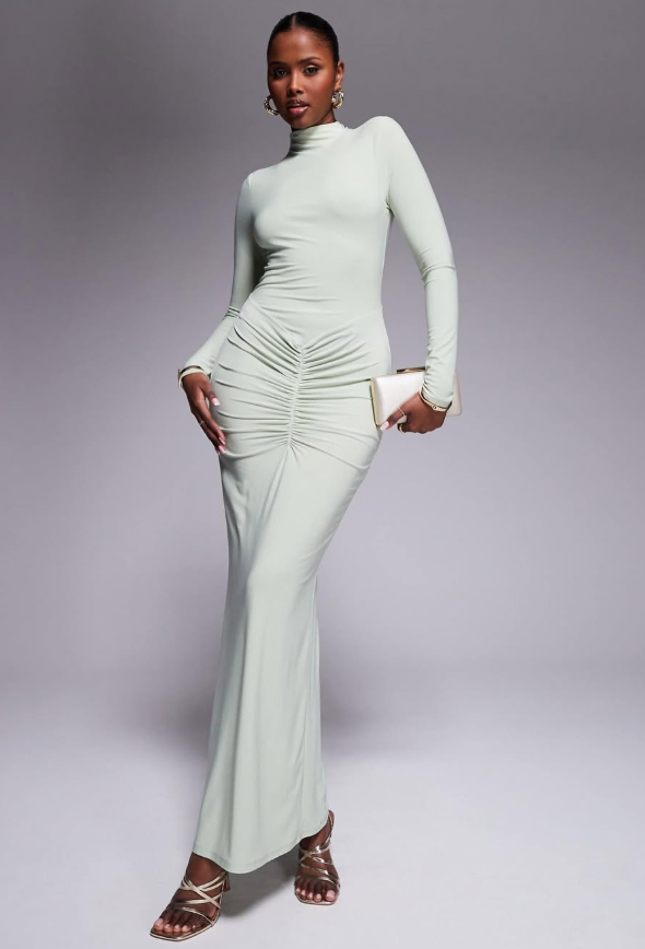Asos - long sleeve high neck maxi dress with central ruched detail sage green