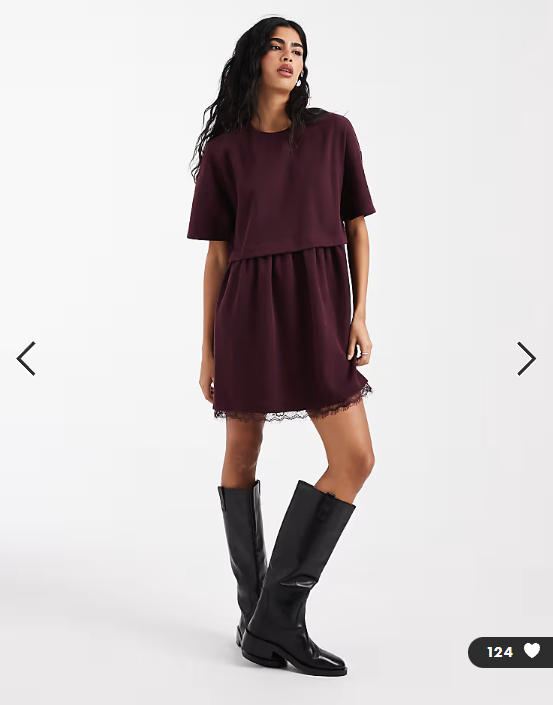 Miss Selfridge short sleeve layered smock dress with lace hem in plum