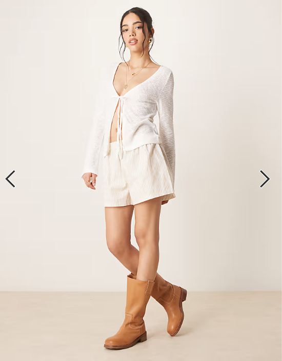 ASOS DESIGN knit look tie front long sleeve top in cream