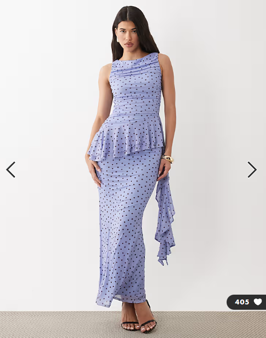 ASOS DESIGN mesh maxi dress with ruching and frill details in blue polka spot