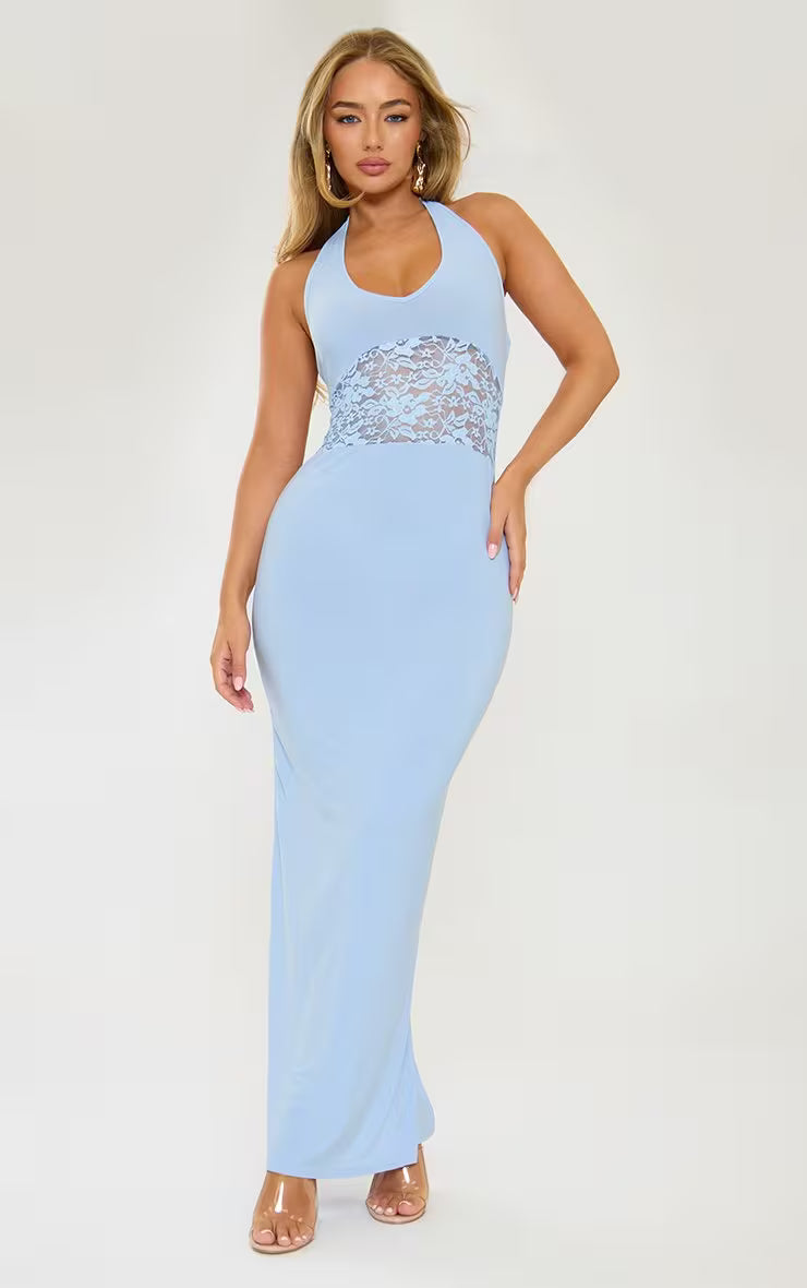 Ego - Plunge Lace Insert Detail Maxi Dress In Blue