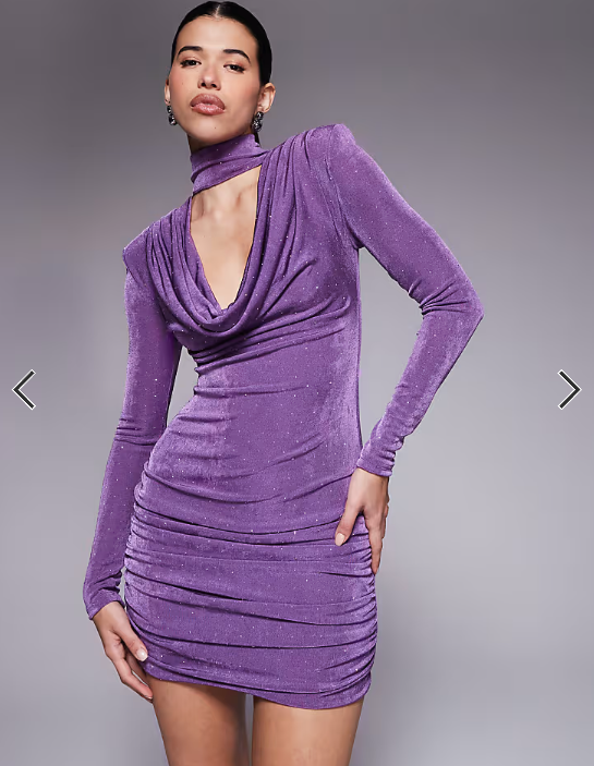 Ruched & Ready removable shoulder pad detail choker cowl neck sculpting hotfix mini dress in purple