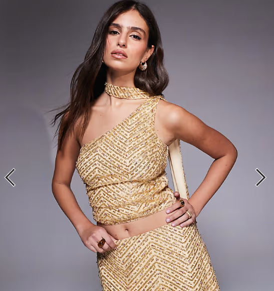 Oh Polly glitter embellished one shoulder scarf neck top in gold - part of a set