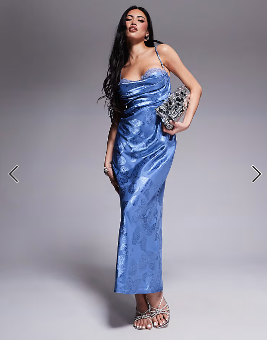 Rare London satin ruched bust open strappy back maxi dress in blue butterfly print