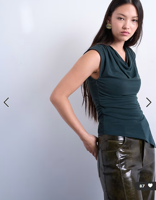 Topshop cupro cowl draped top in dark green