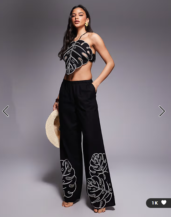 ASOS DESIGN Jasmine Beach tropical cut out trouser in black