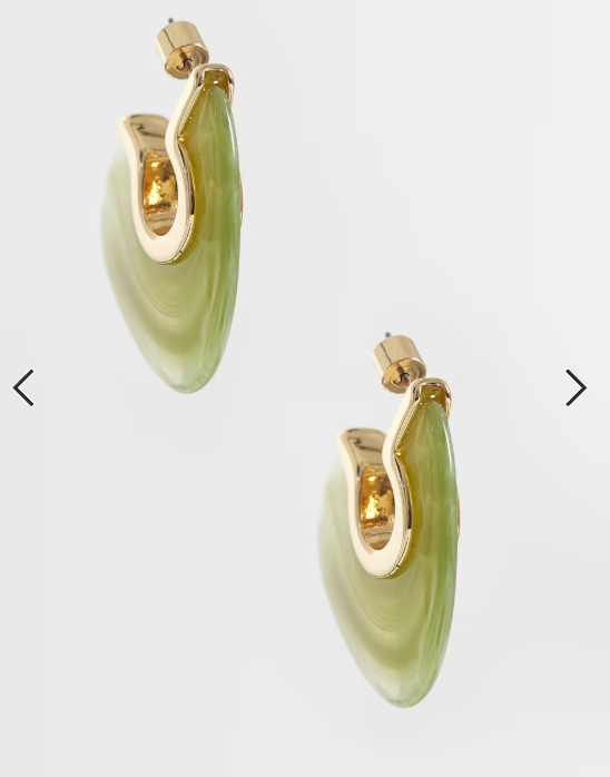 ASOS DESIGN half hoop earrings with green resin design in gold tone