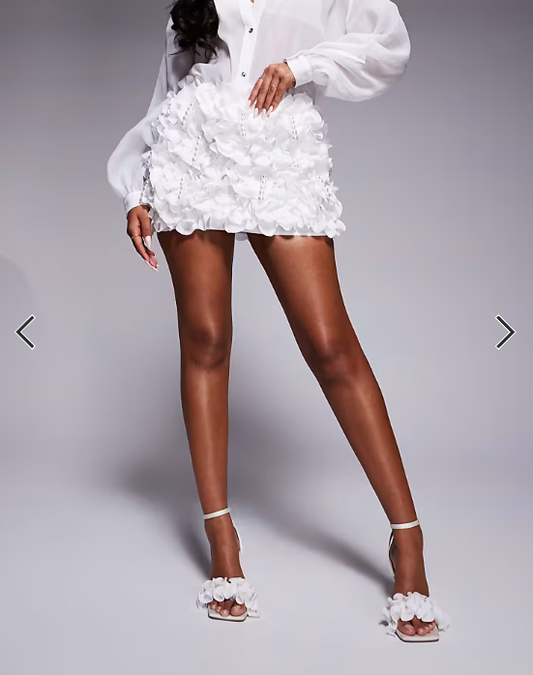 ASOS LUXE 3D floral ruffle mini skirt with drop pearl embellishment in white