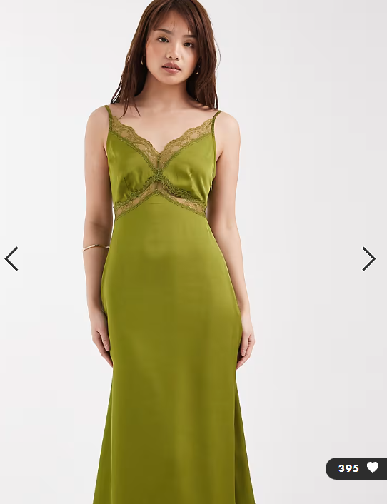 ONLY Petite satin feel maxi dress with lace detail in olive