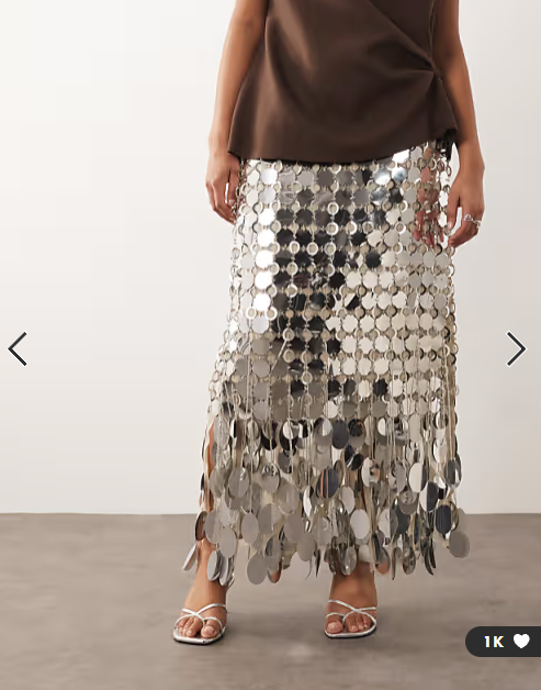 ARRANGE Curve futurist sequin fringe hem midi skirt in silver tone