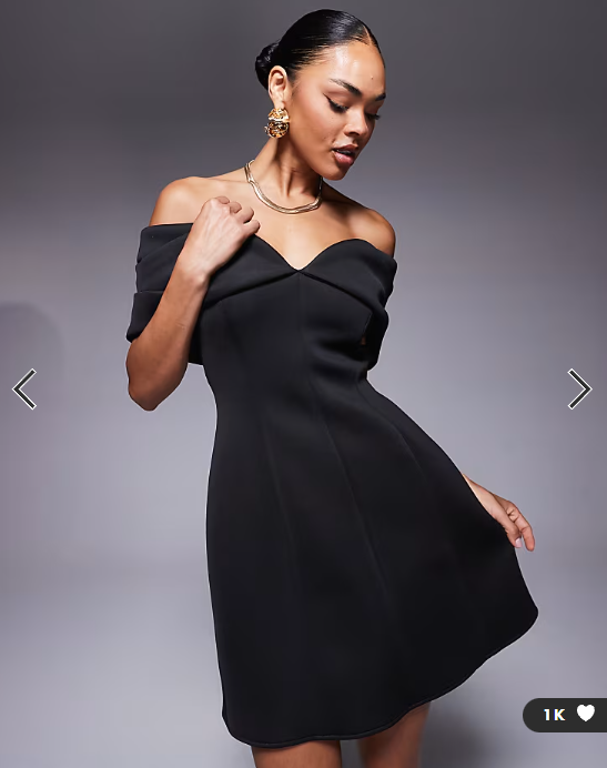 ASOS DESIGN fold back detail bardot mini dress in black in scuba-style fabric