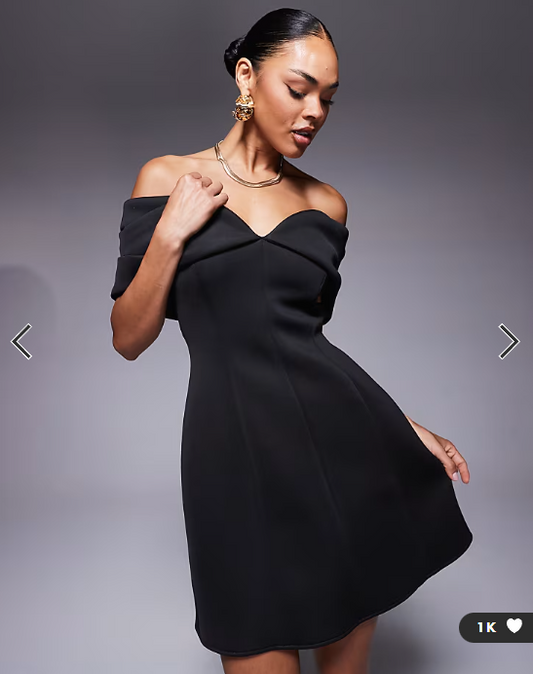 ASOS DESIGN fold back detail bardot mini dress in black in scuba-style fabric