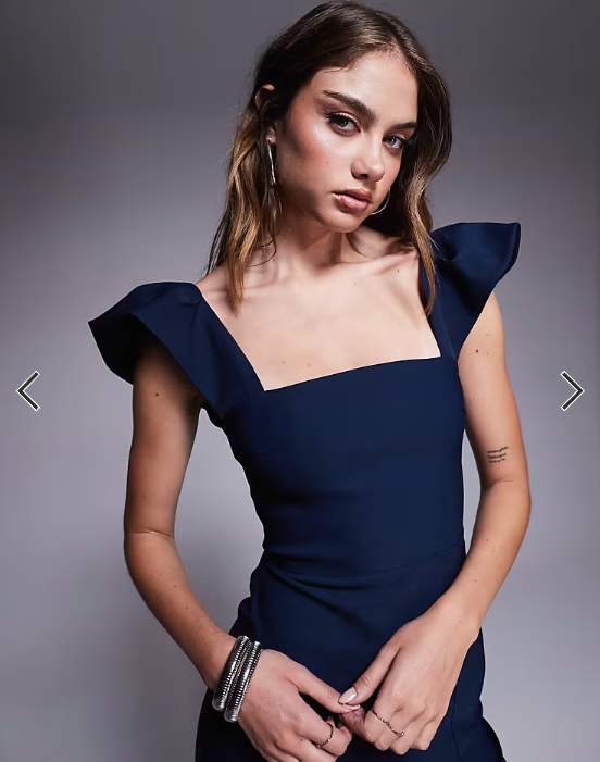 Vesper bengaline square neck ruffle sleeve side split midaxi dress in navy