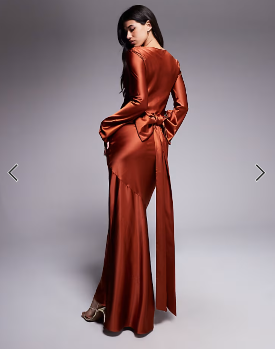 Daska satin maxi dress with exaggerated bow back in rust