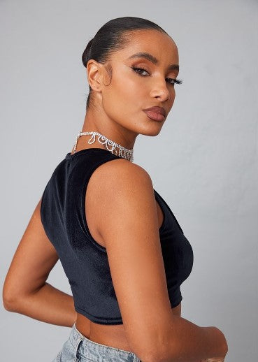 NAVY VELVET SQUARE NECK SLEEVELESS CROP