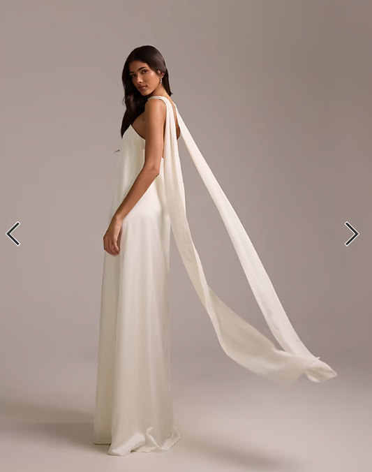 ASOS DESIGN satin bandeau wedding dress with scarf in ivory
