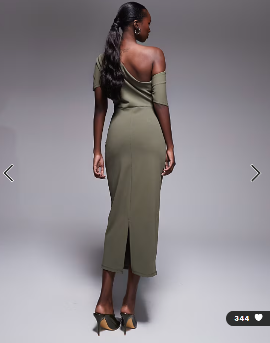 ASOS DESIGN pleated shoulder pencil midi dress in khaki