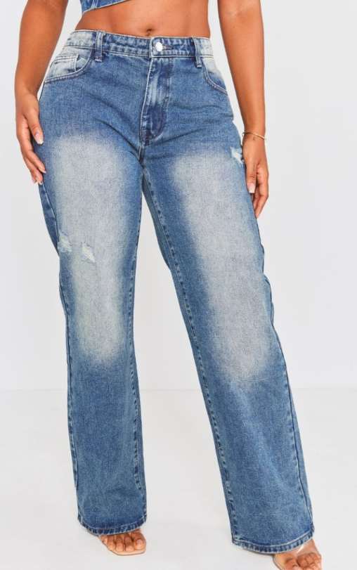 Shape Mid Blue Acid Wash Washed Denim Wide Leg Jeans