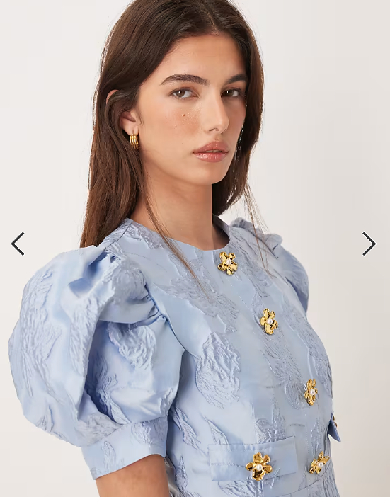 Sister Jane Anemone exclusive jacquard puff sleeve gold flower button up mini dress in cerulean blue