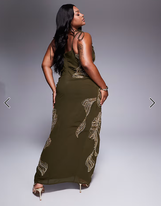 ASOS DESIGN Curve draped skirt overlay maxi dress with dropped waist and embellishment in khaki