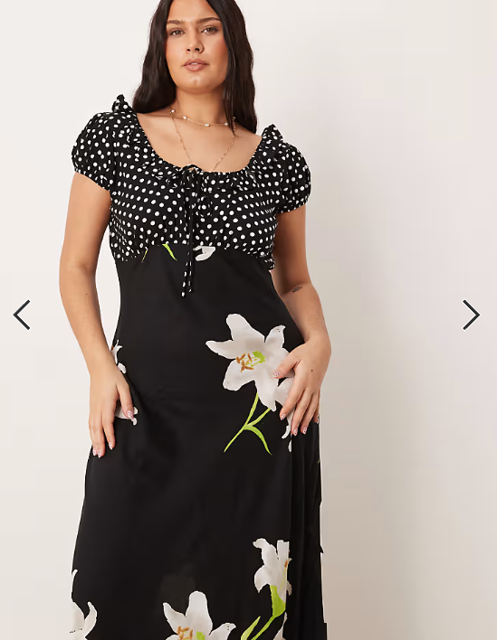 ASOS DESIGN Curve scoop neck maxi dress with frill and tie detail in mixed spot and floral print