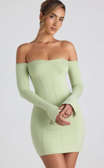 Oh Polly Green Off-Shoulder Long Sleeve Cocktail Dress