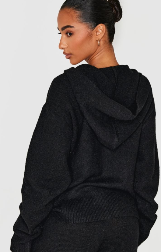 Petite Black Knitted Zip Up Embroidered Hoodie